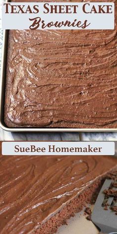 a close up of a cake with chocolate frosting on top and the words texas sheet cake brownies above it