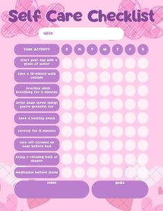 the self care checklist is displayed on a pink background with hearts and polka dots