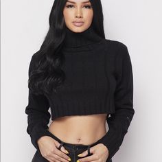 Cropped Sweater Top Wide Rib Turtleneck Black Fabric: 100% Acrylic Fitted Black Cropped Sweater For Winter, Trendy Fitted Black Cropped Sweater, Trendy Black Fitted Cropped Sweater, Casual Black Cropped Sweater For Night Out, Casual Fitted Black Cropped Sweater, Trendy Cropped Black Sweater, Black Turtleneck Cropped Sweater Casual, Casual Black Turtleneck Cropped Sweater, Black Cropped Sweater For Winter