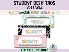 the student desk tags are set up on top of each other, with different styles and colors