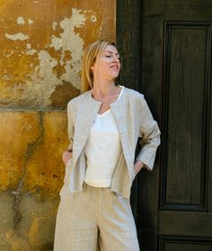 "A lightweight linen jacket is, sometimes, all you need to complete an outfit. Cropped in style with 3/4 sleeves and side pockets, this cardigan style jacket matches virtually anything in your closet: dresses, skirts or pants. You'll find yourself reaching out for it again and again, not just to feel warm on cooler nights, but simply to look nice and chic in your outfit. Shown here in Oatmeal 200 gsm medium weight linen. SIZING: To choose the right size, check out our body measurements chart dis Summer Linen Blazer, Cropped Linen Shirt, Blazer Linen, Closet Dresses, Measurements Chart, Linen Cardigan, Cardigan Style, Linen Clothing, Summer Linen