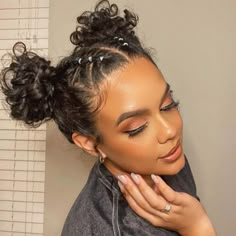 Fabulous Space Bun Hairstyles for Any Season Twisted Space Buns, Bandana Space Buns, Short Curly Hairstyles Space Buns, Hairstyles For Medium Length Hair Space Buns, Space Buns With Tinsel, Spacebuns Hairstyles Curly Hair, Fancy Space Buns, Space Buns With Curly Hair, Rave Spacebuns