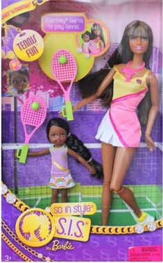 the doll is holding a tennis racquet and ball in her hand while standing next to another doll