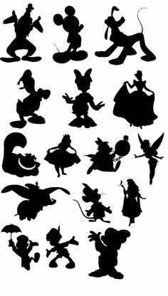 the silhouettes of various disney characters are shown in black and white, with different poses