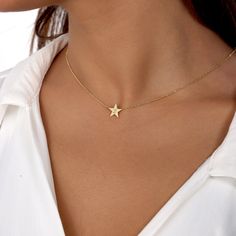 "Introducing our \"Tiny Star Letter Necklace\" - a dainty and personalized piece that sparkles with individuality. Meticulously crafted, this necklace features a delicate star pendant adorned with your chosen letter, creating a unique and meaningful accessory. Available in various high-quality materials, it's designed for enduring beauty. The adjustable chain ensures a comfortable fit, perfect for daily wear or special occasions. Elevate your style with the celestial charm of the \"Tiny Star Let Dainty Jewelry With Star Charm For Birthday, Elegant Star-shaped Birthday Jewelry, Elegant Personalized Star-shaped Necklaces, Elegant Personalized Star Necklace, Elegant Star Shaped Personalized Necklace, Elegant Personalized Star Shaped Necklace, Star Print Jewelry As A Gift, Personalized Star Necklaces For Birthday Gift, Gold Star Necklaces For Birthday Gift