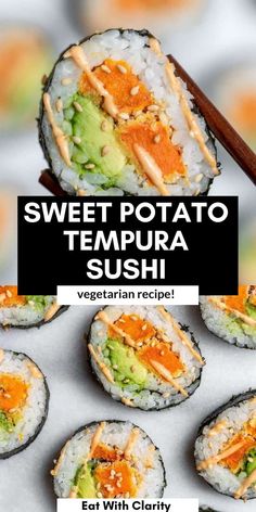 sushi with chopsticks on the side and text overlay that reads sweet potato tempura sushi