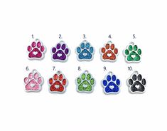 dog paw charms with different colors and sizes on white background, including red, green, blue, pink, purple, yellow