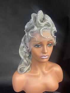 "This custom unit made using a 22\" 13*4 lace front wig 22\" circumference and 1 pc 20\" bundle. It is transparent lace. It is custom colored to an ash blonde silver. And we use high end Lux Austrian Crystals to make a rich statement for your special event. Don't worry, the stones and waves are secured and won't fall off. You doubt will definitely make a statement with this piece." Snake Wig, Rhinestone Wig, Medusa Wig, Futuristic Hair, Wig Design, Silver Wig, Mermaid Wig, Sea Hair, Blonde Silver