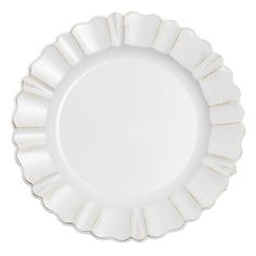 an empty white plate with gold trim