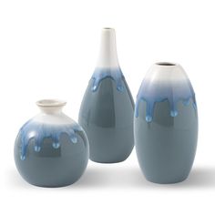 three blue and white vases sitting next to each other