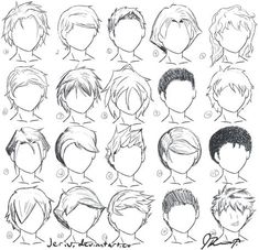 the hairstyles for boys with different hair types and shapes, drawn in pencil