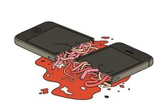 two cell phones with spaghetti on them sitting next to each other in the middle of spilled blood