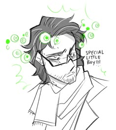 a drawing of a man with green eyes and an expression that says special little boy