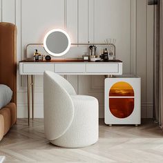 a bedroom with a vanity, mirror and stool in it's corner area next to a bed