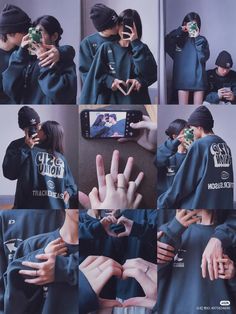 a collage of photos showing two people making the peace sign with their hands and one holding a cell phone