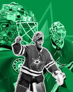 two hockey players in green and white uniforms, one with his hands up while the other holds