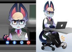 two cartoon characters sitting in front of a laptop computer, one with cat ears on his head