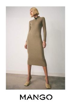 Take advantage of the best discount of the year with Black Friday, Ribbed knit fabric, Fine knit fabric, Fitted design, Midi design, Perkins collar with zipper closure, Long sleeve, The model is 1.77 tall and is wearing a size 36, The model is 1.78 tall and is wearing a size 36 Womens Knit Dresses, Khaki Dress, Knitted Dress, Knit Dress, Ribbed Knit, Black Friday, Knitted Fabric, Knit Fabric, Mango