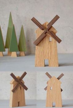 four different views of wooden windmills with trees in the background