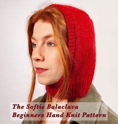 a woman wearing a red knitted hat with text overlay that reads the softe baalawa beginner's hand knit pattern