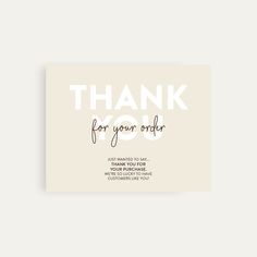 a thank card with the words thank you for your order in white ink on a beige background