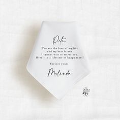 "Gift this thoughtful keepsake to your Groom on your wedding day.  This handkerchief can stay tucked in his pocket to catch his (or your) tears of joy.  The personalization, modern font, and sentimental message checks all the boxes, making this the perfect token to gift on your wedding day. Product Overview: ♥ Handkerchief measures 12\" X 12\"  ♥ 100% Quality Cotton ♥ Handkerchief gift box included This versatile gift idea is perfect for: ♥ Groom ♥ Bride ♥ Partner ♥ Fiancé While this hankie is a Groom Handkerchief, Groom Gift Box, Second Line Parade, Gift For The Groom, Wedding Day Gifts, Ceremony Programs, Happy Tears, Tears Of Joy, Wedding Keepsakes