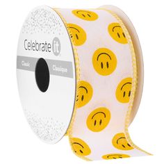 a spool of white and yellow smiley face ribbon with the words celebrate on it