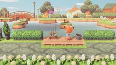 an animal crossing a bridge over a river in the game animal crossing, which is being played on nintendo wii