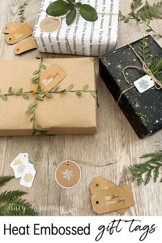 presents wrapped in brown paper and tied with twine on top of a wooden table