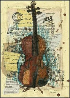 a painting of a violin on top of a piece of paper with writing and stamps