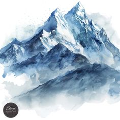 a watercolor painting of snow covered mountains