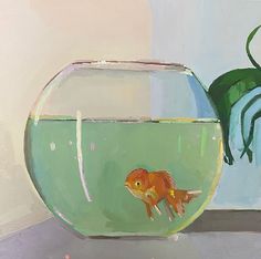 a painting of a goldfish in a fish bowl next to a houseplant