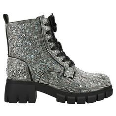 Rock the stage in Corky's Rhinestone Mood Boots. With a statement-making silhouette, these combat boots feature a side zipper detail for ease of entry. Covered in clear rhinestones for an eye-catching look, the boots fit true to size and provide an edgy and fashionable look. Size: 6.  Color: Silver.  Gender: female.  Age Group: adult. Rhinestone Fringe Boots For Night Out With Round Toe, Night Out Boots With Rhinestone Fringe, Party Boots With Rhinestones And Lace-up, Party Lace-up Boots With Rhinestones, Party Rhinestone Lace-up Boots, Doc Boots, Military Combat Boots, Boots Fit, Casual Ankle Boots