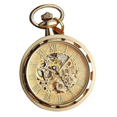 Available in multiple color options, you can enjoy this stunning pocket watch piece in a bright pure golden variety, a cool silver, or in 2 variations featuring enriching shades of gold and black. The watch itself is beautifully crafted with the sides folded in concaving ridges that wave into the interior. The gears can be seen through a clear glass frame that has been cut out from the actual steel encasing. Bordering the mechanical gear skeleton are the roman numerals that mark the time. Enjoy Vintage Gold Stainless Steel Watch, Vintage Gold Pocket Watch In Stainless Steel, Gold Pocket Watch With Metal Dial, Steampunk Gold Watch As Gift, Gold Steampunk Style Watch As Gift, Gold Steampunk Watch As Gift, Gold Steampunk Watch For Gift, Gold Steampunk Pocket Watch With Locket, Gold Pocket Watch With Skeleton Dial