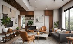 a living room filled with lots of furniture and large windows overlooking the trees in the distance