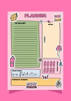 a pink planner with food and drinks on it