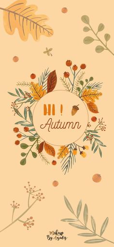 an autumn card with leaves and berries on the front, in orange background that says autumn