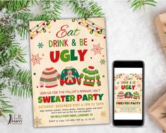 an ugly ugly sweater party is on the table next to some presents and a cell phone