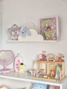 there are many stuffed animals on the shelves in this children's room, including toys