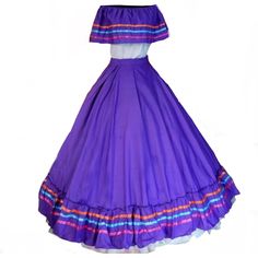 Two-Piece Mexican Dress With Flounces On The Chest And Colored Ribbon, Adjustable Waist, Fits From Size Xs To 2x, Purple Color And Colored Ribbons, Ideal For Any Mexican-Themed Party I Ship The Day Of Your Purchase Or The Next Day In The Morning, So That Your Purchase Arrives Immediately At Your Home Consider Poshmark Gets 20% You Can Create A Bundle And Save Mexican Dance Dress, Mexican Dresses Traditional, Mexican Clothing Style, Mexican Clothing, Striped Jersey Dress, Spanish Dress, Gothic Girl, Mexican Outfit, Mexican Dress