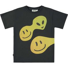 Black t-shirt with a yellow placement print on the front and back that shows smiley faces that are connected to their friends and look like alien faces. The print transitions from the front to the back. This t-shirt is constructed in 100% cotton, has short sleeves, a round neck with rib and is in a regular fit. | Molo | Raveno Graphic T-Shirt, (Black, Size 8Y) | Maisonette collects the best children’s products from around the world (unlike Zulily, Etsy, The Tot, Farfetch Kids, Childrensalon, Cra Playful Black T-shirt With Screen Print, Black Crew Neck Top With Smiley Face, Black Smiley Face Crew Neck Top, Black Crew Neck T-shirt With Smiley Face, Alien Faces, Black Smiley Face Crew Neck T-shirt, Cotton Smiley Face Crew Neck T-shirt, Black Graphic Print Boxy T-shirt, Cheap Short Sleeve T-shirt With Smiley Face