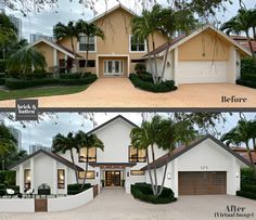 before and after photos of a house with palm trees