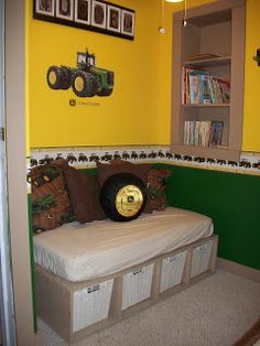 there is a bed in the room with yellow walls