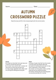 the autumn crossword puzzle is shown with leaves and flowers on it's side