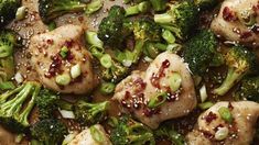 chicken and broccoli with sesame seeds in a skillet, ready to be eaten