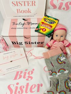 "Big Sister Gift| Big Sister Gift box |Sibling gifts |New Baby |Sister gift |Gift box Becoming a big sister is a big deal! This sibling gift box is the perfect gift to celebrate a special little girl in your life who has been \"promoted\" to Big Sister! Box comes with: *Big Sister t-shirt *Big Sister book *Big Sister cinch bag *Mini Baby doll *Diaper for practice! *1 box Crayons or colored pencils  *1 pair socks *Big Sister bracelet" Big Sister Kit, Becoming A Big Sister, Big Sister Bracelet, Big Sister T Shirt, Promoted To Big Sister, Big Sister Gifts, New Sibling, Cinch Bag, Baby Facts