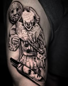 a man's arm with a tattoo of a creepy clown holding a knife and fork