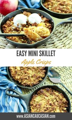 three skillets filled with apple crispes and topped with whipped cream, on top of a wicker place mat