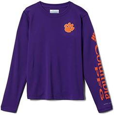 a purple shirt with an orange clemson logo on it