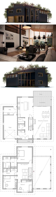 three different views of the inside and outside of a house, one with an open floor plan